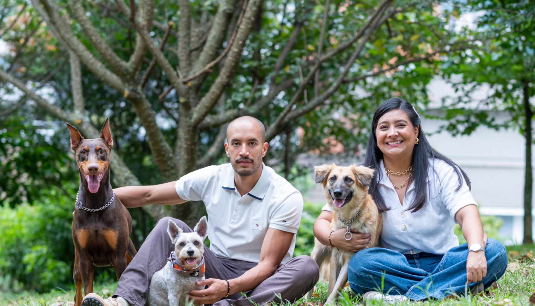 A couple seated outdoors with their three dogs in Mississauga